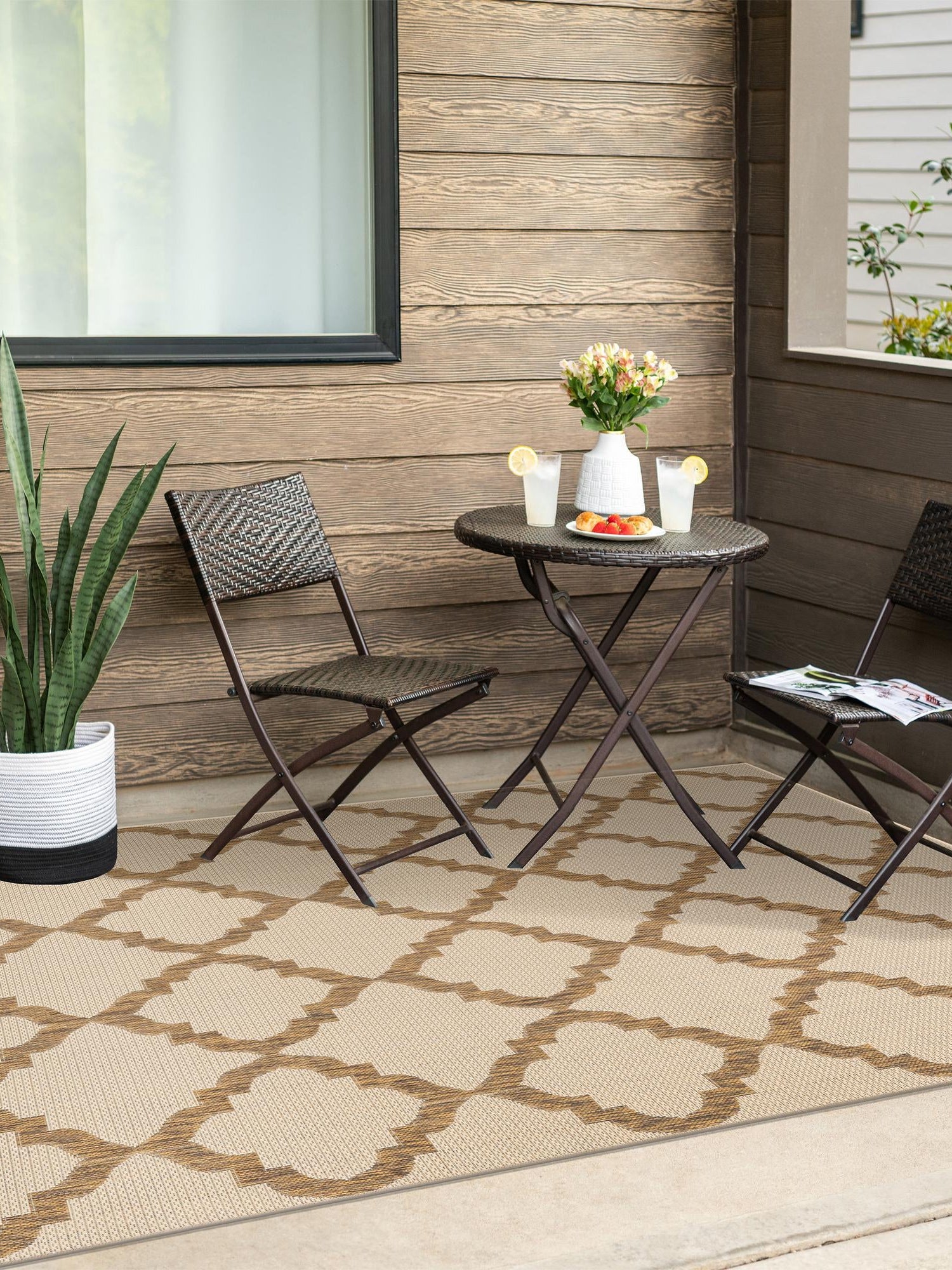 Beige 2' 2 x 3' 1 Outdoor Trellis Rectangle Area Rug Weather Resistant for Patio, Deck, Terrace, Balcony, Porch Geometric Design Water Safe Outside Carpet for Sale at Rug Engine