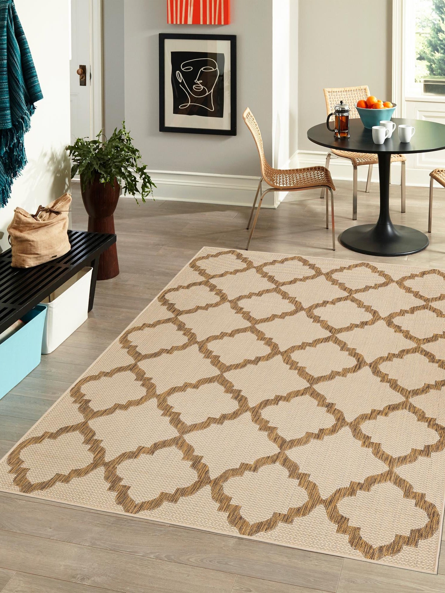Beige 2' 2 x 3' 1 Outdoor Trellis Rectangle Area Rug Weather Resistant for Patio, Deck, Terrace, Balcony, Porch Geometric Design Water Safe Outside Carpet for Sale at Rug Engine