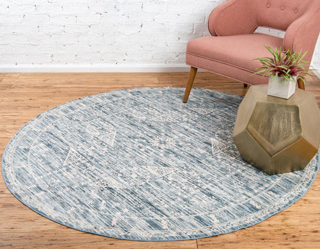 Blue 6' 1 x 6' 1 Paris Round Area Rug Distressed Vintage Style Easy-Clean Carpet for Living Rooms, Kitchen, Bedrooms, Office, Dorms for Sale at Rug Engine
