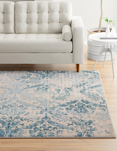 Blue 7' 10 x 7' 10 Paris Square Area Rug Distressed Vintage Style Easy-Clean Carpet for Living Rooms, Kitchen, Bedrooms, Office, Dorms for Sale at Rug Engine