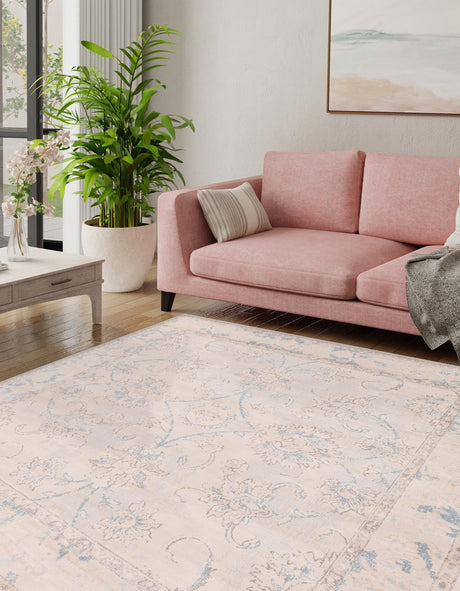 Beige 8' x 8' Paris Square Area Rug Distressed Vintage Style Easy-Clean Carpet for Living Rooms, Kitchen, Bedrooms, Office, Dorms for Sale at Rug Engine