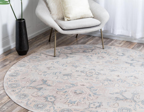 Gray 6' 1 x 6' 1 Paris Round Area Rug Distressed Vintage Style Easy-Clean Carpet for Living Rooms, Kitchen, Bedrooms, Office, Dorms for Sale at Rug Engine