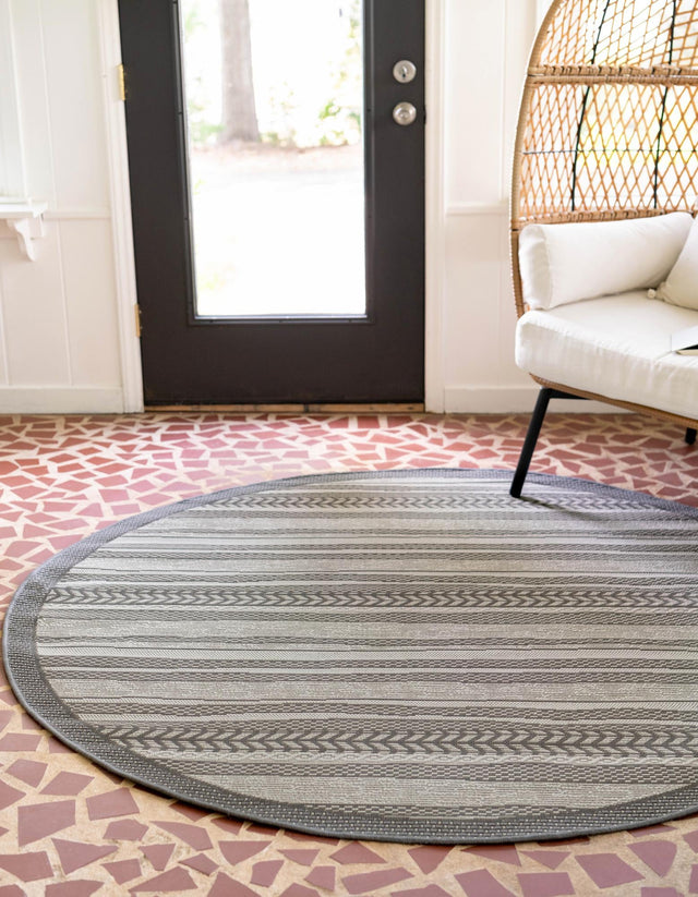 Gray 6' 1 x 6' 1 Outdoor Border Round Area Rug Weather Resistant for Patio, Deck, Terrace, Balcony, Porch 100% Polypropylene Classic Bordered Carpet for Sale at Rug Engine