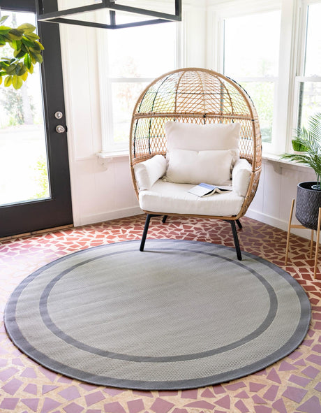 Gray 6' 1 x 6' 1 Outdoor Border Round Area Rug Weather Resistant for Patio, Deck, Terrace, Balcony, Porch