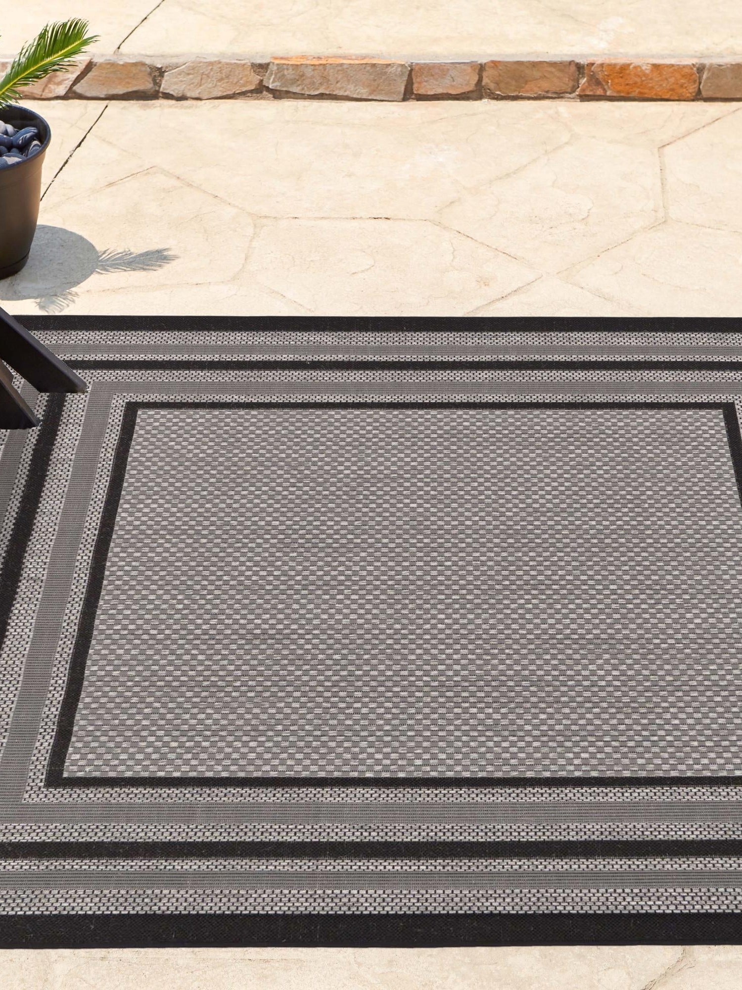 Gray 6' x 6' Outdoor Border Square Area Rug Weather Resistant for Patio, Deck, Terrace, Balcony, Porch 100% Polypropylene Classic Bordered Carpet for Sale at Rug Engine