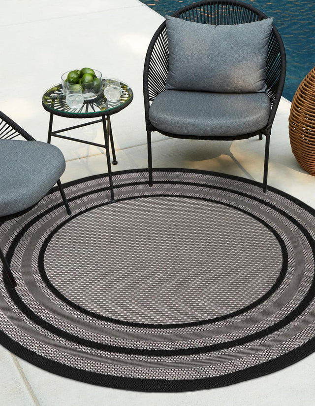 Gray 5' 3 x 5' 3 Outdoor Border Round Area Rug Weather Resistant for Patio, Deck, Terrace, Balcony, Porch 100% Polypropylene Classic Bordered Carpet for Sale at Rug Engine