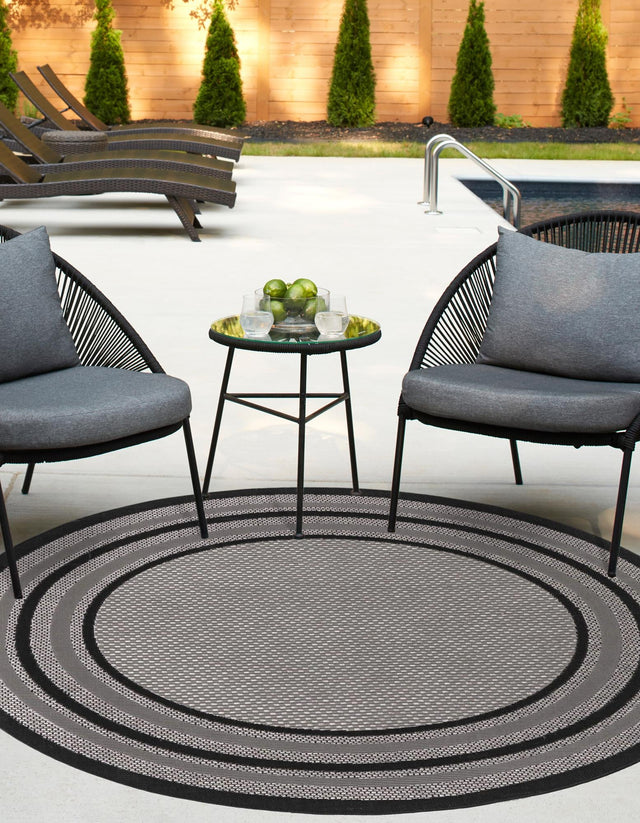 Gray 6' x 6' Outdoor Border Round Area Rug Weather Resistant for Patio, Deck, Terrace, Balcony, Porch 100% Polypropylene Classic Bordered Carpet for Sale at Rug Engine