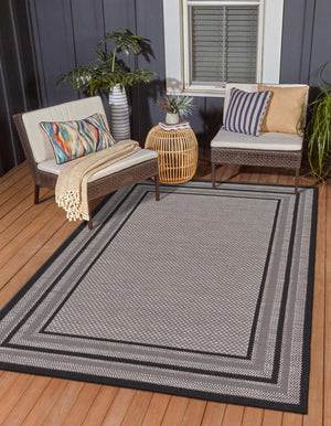 Gray 7' 10 x 10' Outdoor Border Rectangle Area Rug Weather Resistant for Patio, Deck, Terrace, Balcony, Porch 100% Polypropylene Classic Bordered Carpet for Sale at Rug Engine