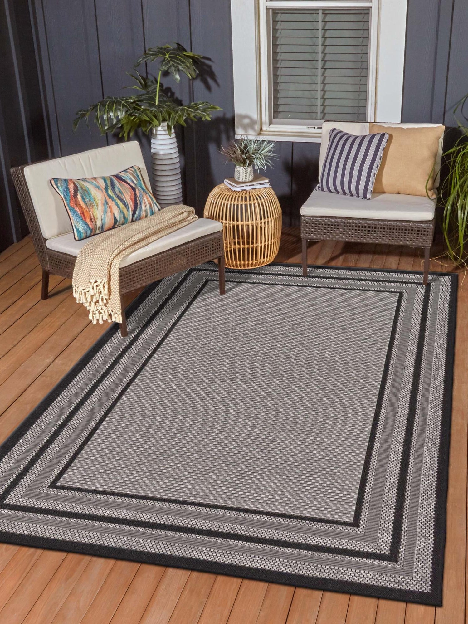 Gray 3' 3 x 5' Outdoor Border Rectangle Area Rug Weather Resistant for Patio, Deck, Terrace, Balcony, Porch