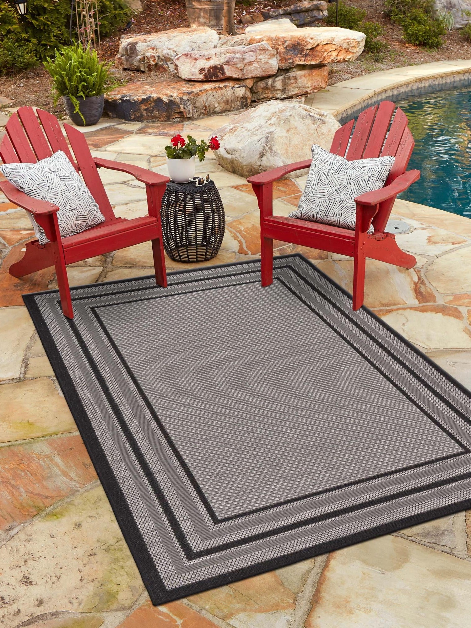 Gray 3' 3 x 5' Outdoor Border Rectangle Area Rug Weather Resistant for Patio, Deck, Terrace, Balcony, Porch