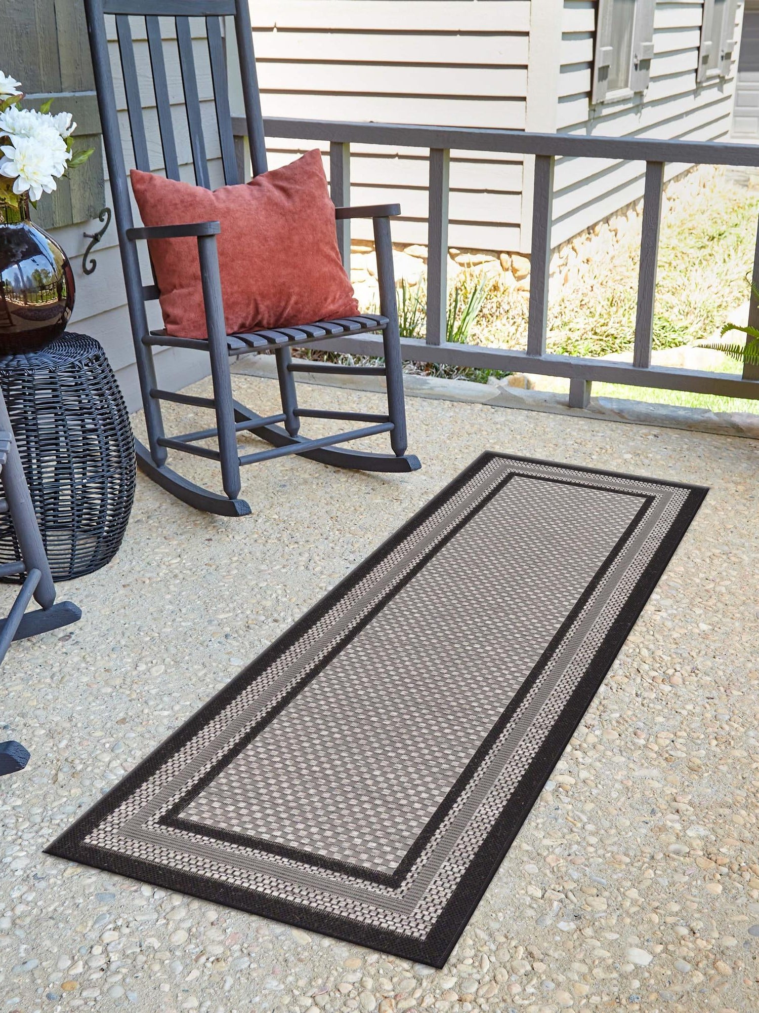 Gray 2' 2 x 6' 1 Outdoor Border Runner Area Rug Weather Resistant for Patio, Deck, Terrace, Balcony, Porch 100% Polypropylene Classic Bordered Carpet for Sale at Rug Engine