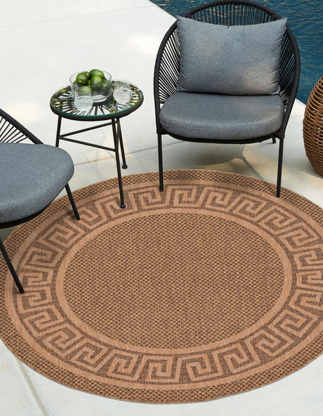 Brown 6' 1 x 6' 1 Outdoor Border Round Area Rug Weather Resistant for Patio, Deck, Terrace, Balcony, Porch