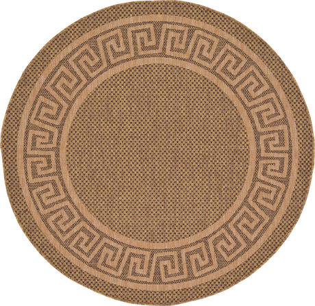 Brown 6' 1 x 6' 1 Outdoor Border Round Area Rug Weather Resistant for Patio, Deck, Terrace, Balcony, Porch