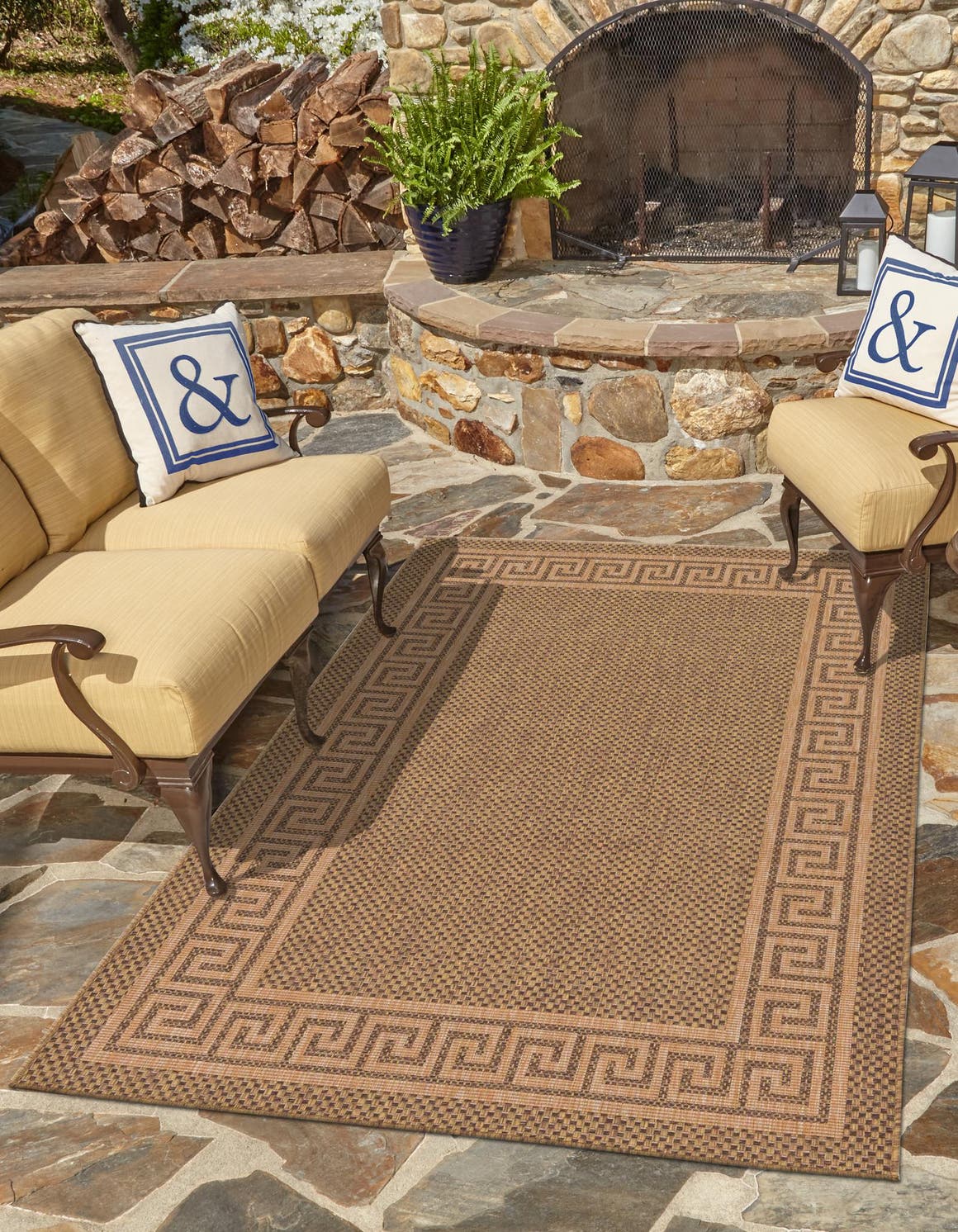 Brown 8' x 11' 4 Outdoor Border Rectangle Area Rug Weather Resistant for Patio, Deck, Terrace, Balcony, Porch 100% Polypropylene Classic Bordered Carpet for Sale at Rug Engine