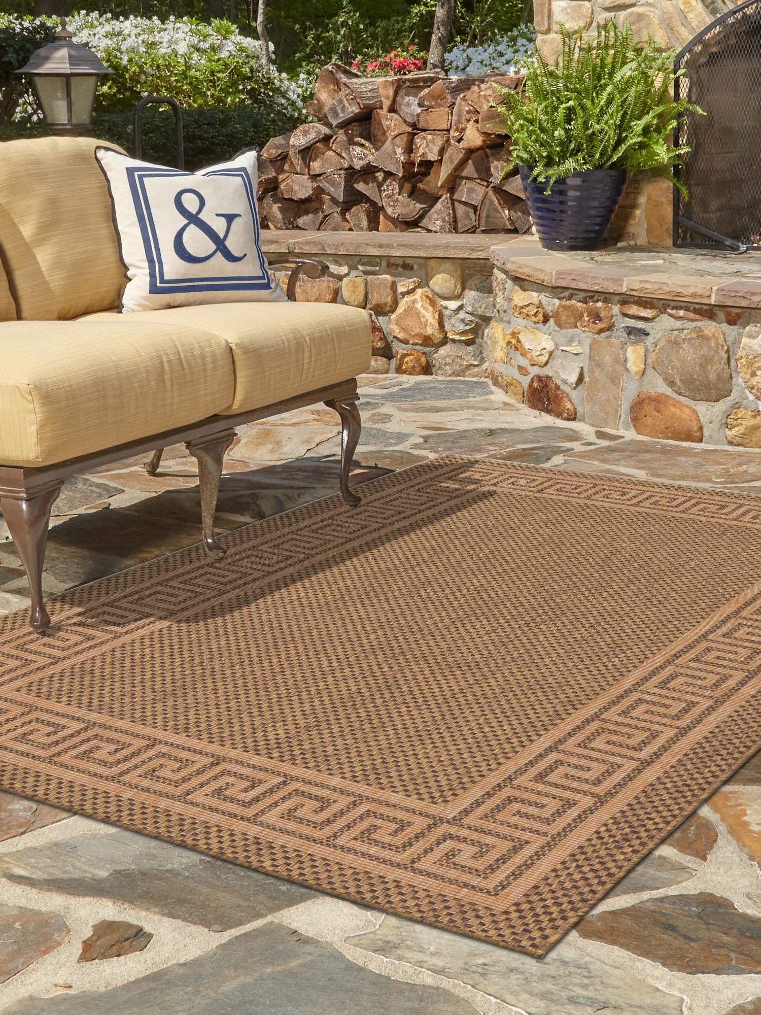 Brown 6' 1 x 9' Outdoor Border Rectangle Area Rug Weather Resistant for Patio, Deck, Terrace, Balcony, Porch 100% Polypropylene Classic Bordered Carpet for Sale at Rug Engine