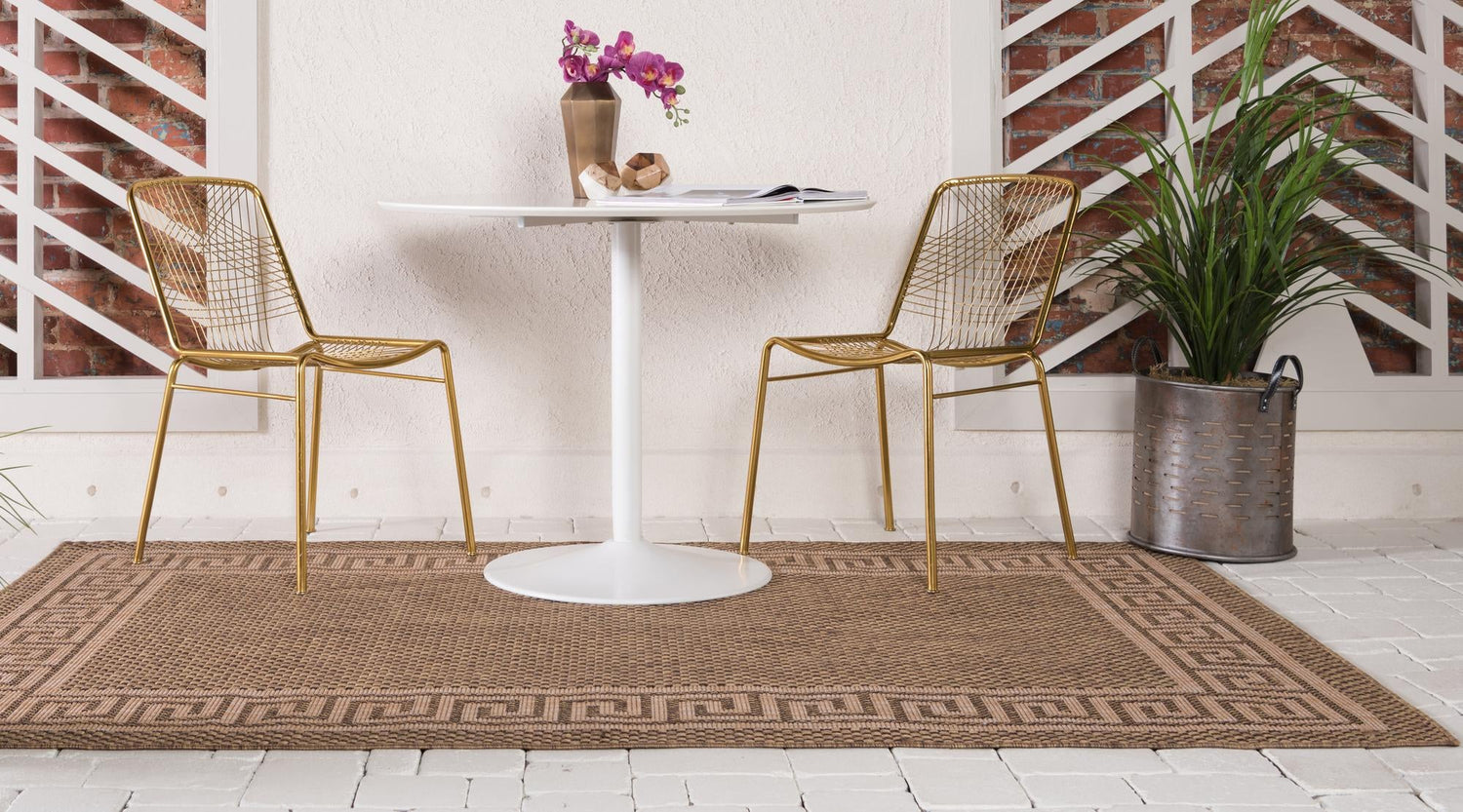 Brown 6' 1 x 9' Outdoor Border Rectangle Area Rug Weather Resistant for Patio, Deck, Terrace, Balcony, Porch 100% Polypropylene Classic Bordered Carpet for Sale at Rug Engine