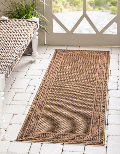 Brown 2' x 6' 1 Outdoor Border Runner Area Rug Weather Resistant for Patio, Deck, Terrace, Balcony, Porch