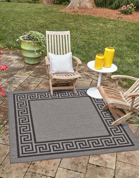 Gray 6' 1 x 6' 1 Outdoor Border Square Area Rug Weather Resistant for Patio, Deck, Terrace, Balcony, Porch