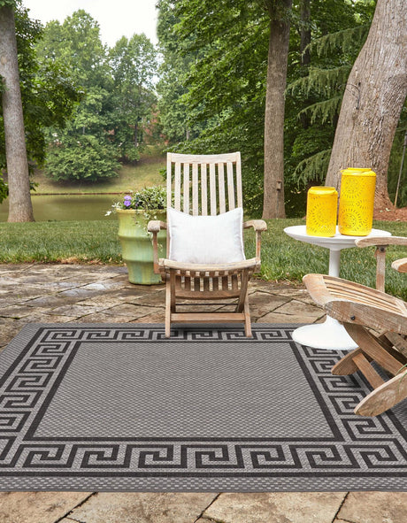 Gray 6' 1 x 6' 1 Outdoor Border Square Area Rug Weather Resistant for Patio, Deck, Terrace, Balcony, Porch 100% Polypropylene Classic Bordered Carpet for Sale at Rug Engine