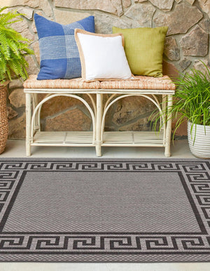 Gray 6' 1 x 6' 1 Outdoor Border Square Area Rug Weather Resistant for Patio, Deck, Terrace, Balcony, Porch