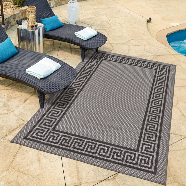 Gray 6' 1 x 9' Outdoor Border Rectangle Area Rug Weather Resistant for Patio, Deck, Terrace, Balcony, Porch 100% Polypropylene Classic Bordered Carpet for Sale at Rug Engine