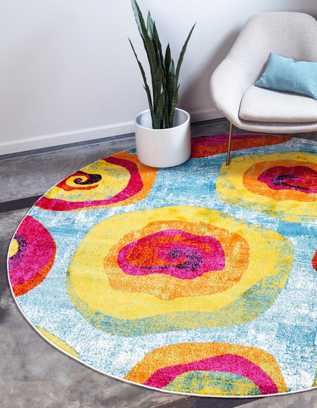 Blue 6' 1 x 6' 1 Lyon Round Area Rug Vivid Colorful Abstract Modern 100% Polypropylene Carpet for Living Room, Dining, Office for Sale at Rug Engine