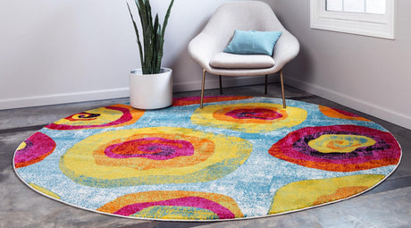 Blue 6' 1 x 6' 1 Lyon Round Area Rug Vivid Colorful Abstract Modern 100% Polypropylene Carpet for Living Room, Dining, Office for Sale at Rug Engine