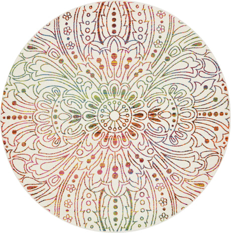 Ivory 8' x 8' Lyon Round Area Rug Vivid Colorful Abstract Modern 100% Polypropylene Carpet for Living Room, Dining, Office for Sale at Rug Engine