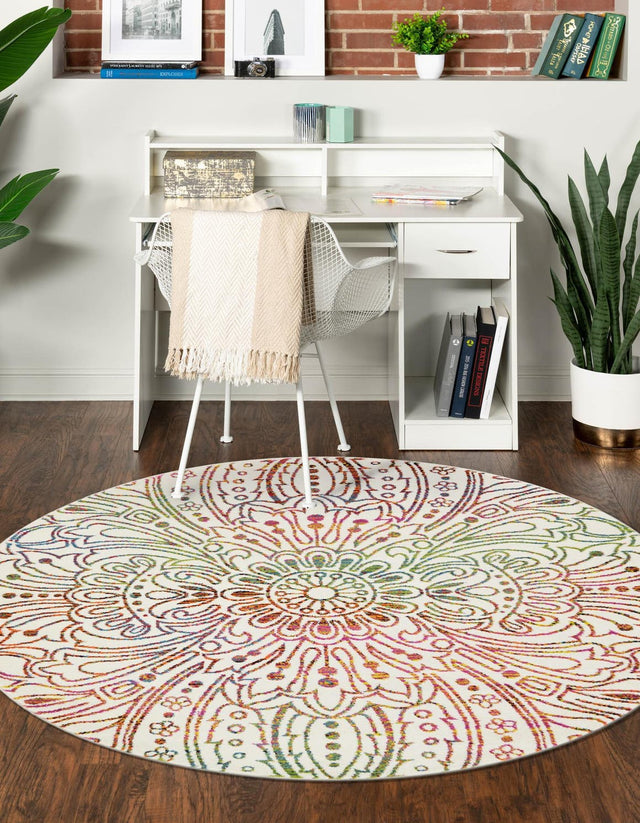 Ivory 6' 1 x 6' 1 Lyon Round Area Rug Vivid Colorful Abstract Modern 100% Polypropylene Carpet for Living Room, Dining, Office for Sale at Rug Engine
