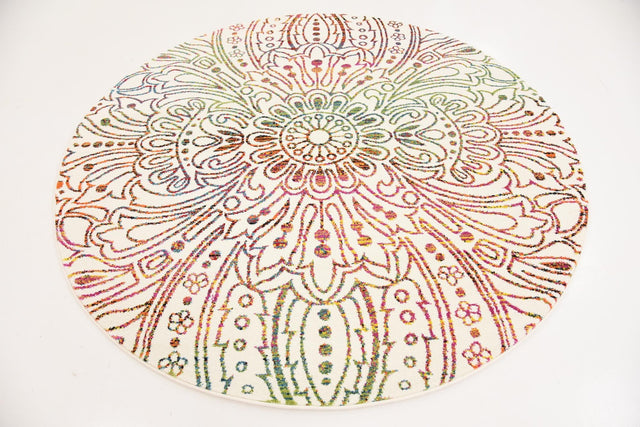 Ivory 6' 1 x 6' 1 Lyon Round Area Rug Vivid Colorful Abstract Modern 100% Polypropylene Carpet for Living Room, Dining, Office for Sale at Rug Engine