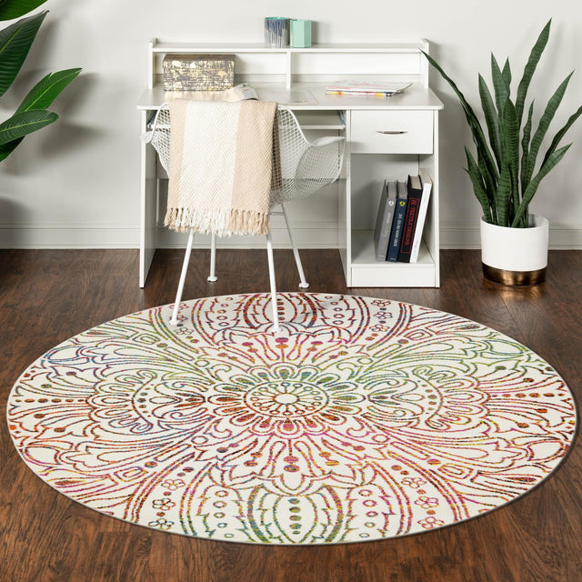 Ivory 8' x 8' Lyon Round Area Rug Vivid Colorful Abstract Modern 100% Polypropylene Carpet for Living Room, Dining, Office for Sale at Rug Engine