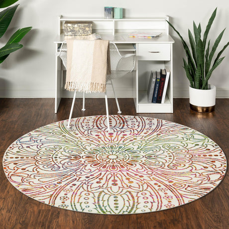 Ivory 6' 1 x 6' 1 Lyon Round Area Rug Vivid Colorful Abstract Modern 100% Polypropylene Carpet for Living Room, Dining, Office for Sale at Rug Engine