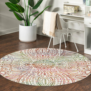 Ivory 8' x 8' Lyon Round Area Rug Vivid Colorful Abstract Modern 100% Polypropylene Carpet for Living Room, Dining, Office for Sale at Rug Engine