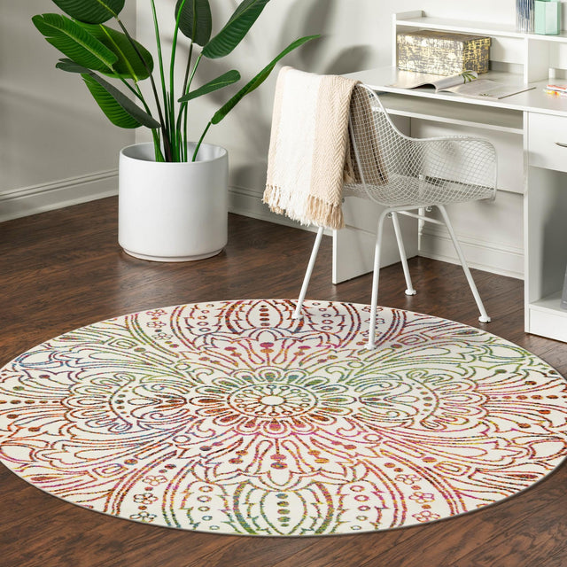 Ivory 8' x 8' Lyon Round Area Rug Vivid Colorful Abstract Modern 100% Polypropylene Carpet for Living Room, Dining, Office for Sale at Rug Engine