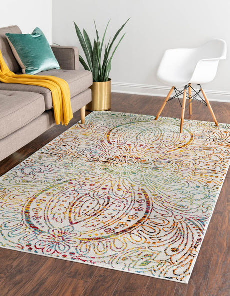 Ivory 8' x 10' Lyon Rectangle Area Rug Vivid Colorful Abstract Modern 100% Polypropylene Carpet for Living Room, Dining, Office for Sale at Rug Engine