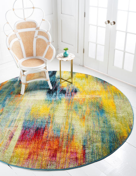Multicolor 8' x 8' Lyon Round Area Rug Vivid Colorful Abstract Modern 100% Polypropylene Carpet for Living Room, Dining, Office for Sale at Rug Engine