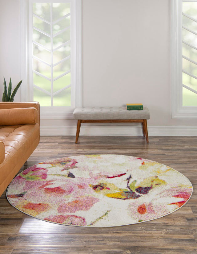 Ivory 6' 1 x 6' 1 Lyon Round Area Rug Vivid Colorful Abstract Modern 100% Polypropylene Carpet for Living Room, Dining, Office for Sale at Rug Engine