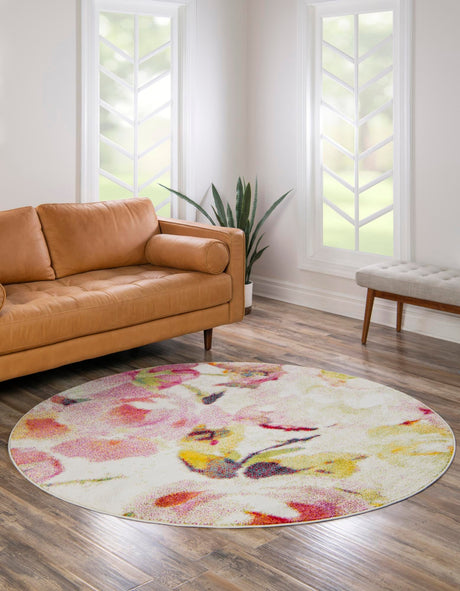 Ivory 4' 1 x 4' 1 Lyon Round Area Rug Vivid Colorful Abstract Modern 100% Polypropylene Carpet for Living Room, Dining, Office for Sale at Rug Engine