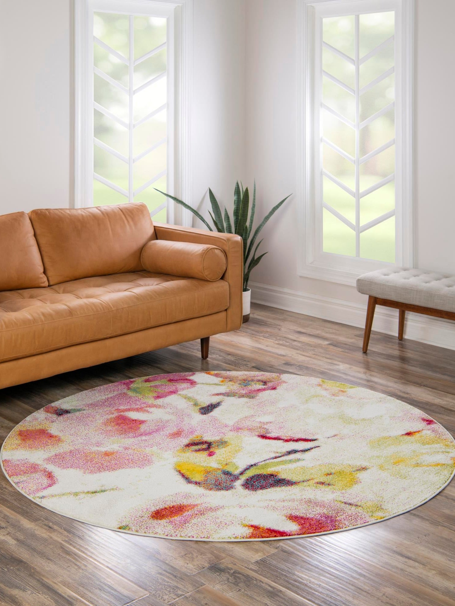 Ivory 6' 1 x 6' 1 Lyon Round Area Rug Vivid Colorful Abstract Modern 100% Polypropylene Carpet for Living Room, Dining, Office for Sale at Rug Engine