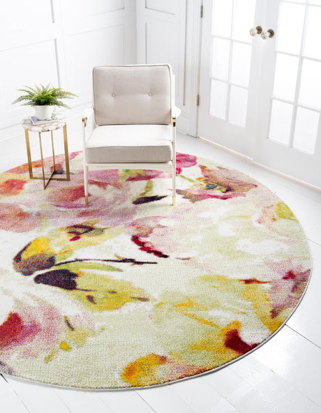 Ivory 7' 10 x 7' 10 Lyon Round Area Rug Vivid Colorful Abstract Modern 100% Polypropylene Carpet for Living Room, Dining, Office for Sale at Rug Engine