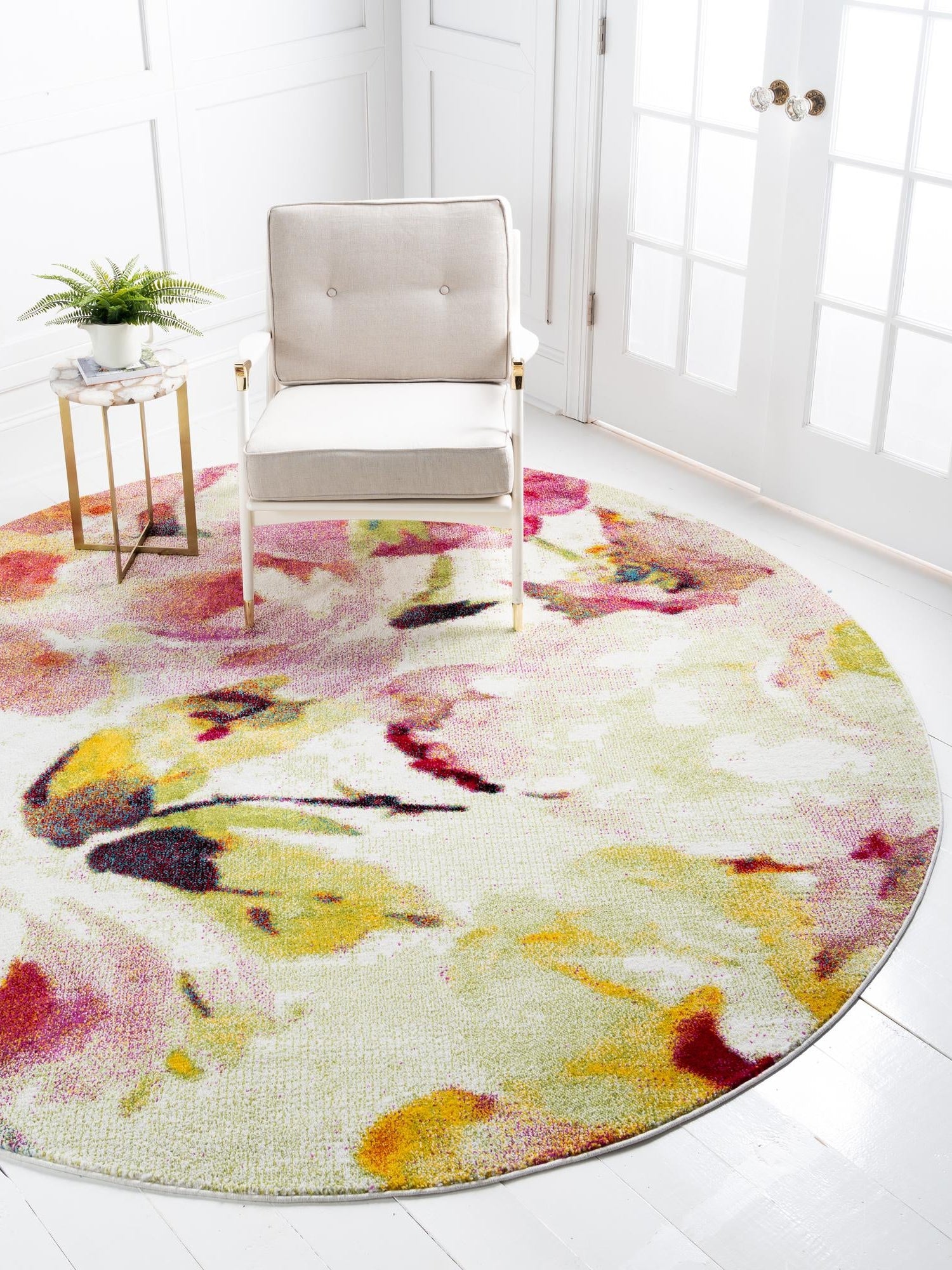 Ivory 6' 1 x 6' 1 Lyon Round Area Rug Vivid Colorful Abstract Modern 100% Polypropylene Carpet for Living Room, Dining, Office for Sale at Rug Engine
