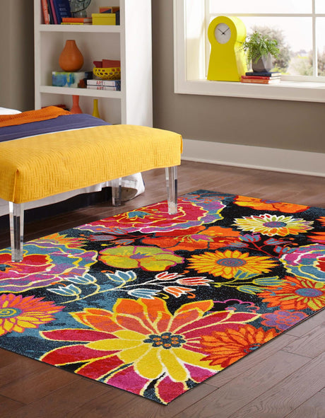Black 5' 1 x 8' Lyon Rectangle Area Rug Vivid Colorful Abstract Modern 100% Polypropylene Carpet for Living Room, Dining, Office for Sale at Rug Engine