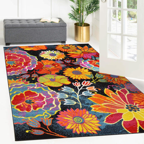 Black 7' 1 x 10' Lyon Rectangle Area Rug Vivid Colorful Abstract Modern 100% Polypropylene Carpet for Living Room, Dining, Office for Sale at Rug Engine