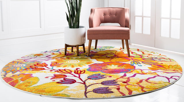 Ivory 4' 1 x 4' 1 Lyon Round Area Rug Vivid Colorful Abstract Modern 100% Polypropylene Carpet for Living Room, Dining, Office for Sale at Rug Engine
