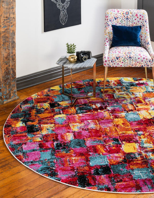 Multicolor 8' x 8' Lyon Round Area Rug Vivid Colorful Abstract Modern 100% Polypropylene Carpet for Living Room, Dining, Office for Sale at Rug Engine