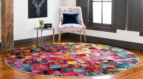Multicolor 8' x 8' Lyon Round Area Rug Vivid Colorful Abstract Modern 100% Polypropylene Carpet for Living Room, Dining, Office for Sale at Rug Engine