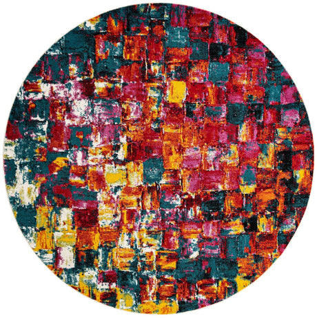 Multicolor 8' x 8' Lyon Round Area Rug Vivid Colorful Abstract Modern 100% Polypropylene Carpet for Living Room, Dining, Office for Sale at Rug Engine