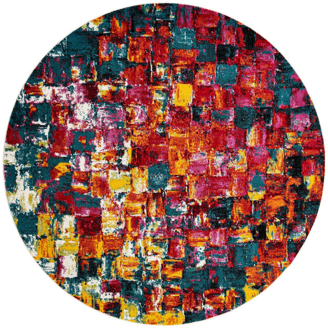Multicolor 8' x 8' Lyon Round Area Rug Vivid Colorful Abstract Modern 100% Polypropylene Carpet for Living Room, Dining, Office for Sale at Rug Engine