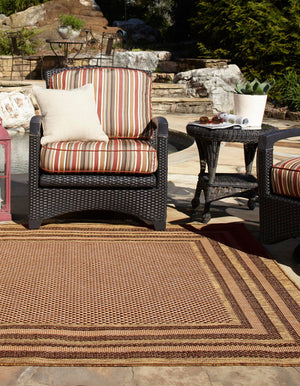 Light Brown 6' x 6' Outdoor Border Square Area Rug Weather Resistant for Patio, Deck, Terrace, Balcony, Porch 100% Polypropylene Classic Bordered Carpet for Sale at Rug Engine