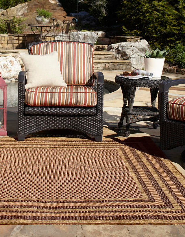 Light Brown 6' x 6' Outdoor Border Square Area Rug Weather Resistant for Patio, Deck, Terrace, Balcony, Porch 100% Polypropylene Classic Bordered Carpet for Sale at Rug Engine